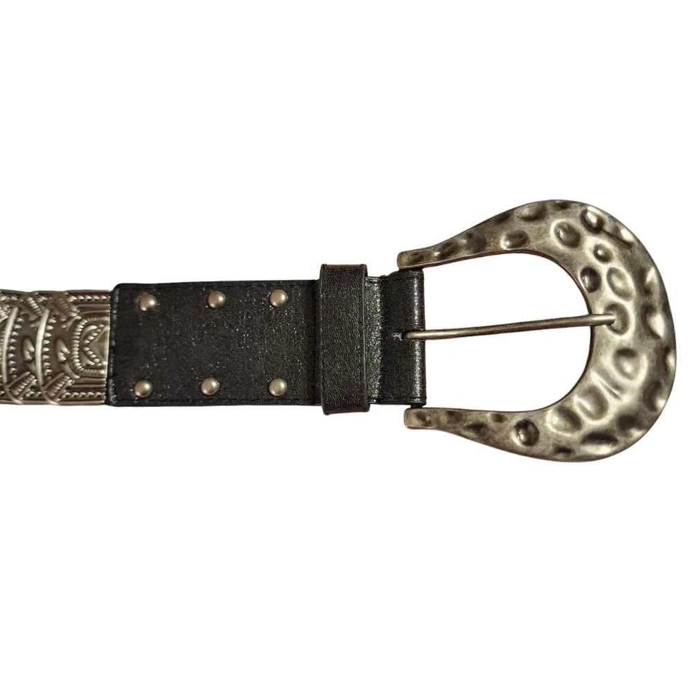 Vintage 90s Y2K Metal Disc Hammered  Stretch Belt w/Large Chunky Buckle |Size XL